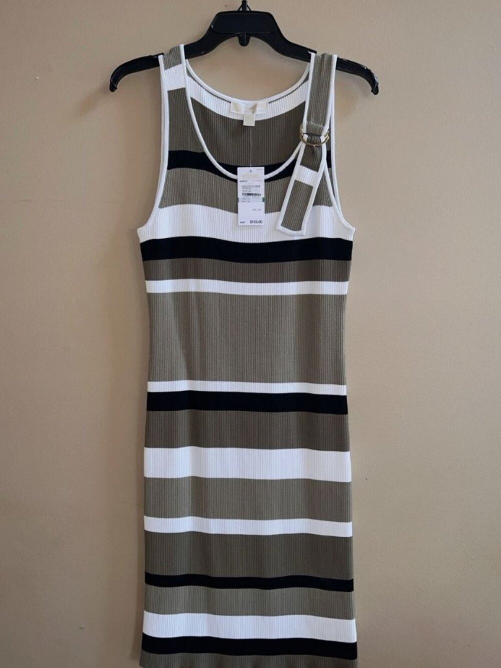 Michael Kors Ribbed Knit Midi Dress Large NWT Striped Safari Green Gold Hardware